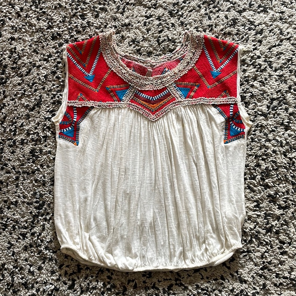 Free People Embroidered Sleeveless Bubble Hem Top—Small, White